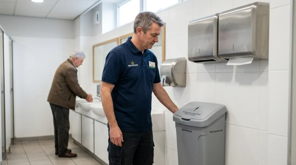 What is the Morrisons toilet rule about male bins?