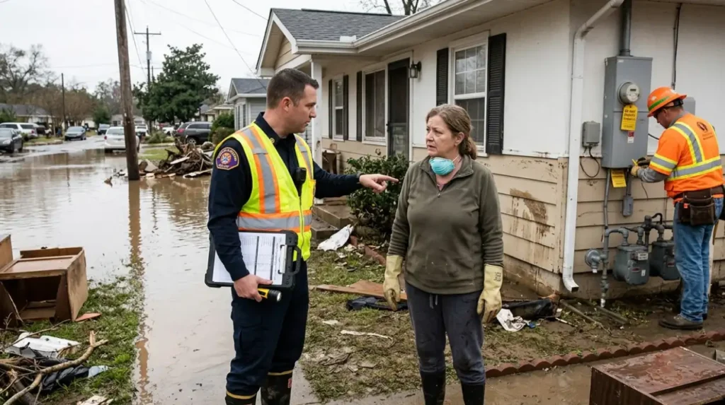 What safety measures must you follow before re-entering a flooded home?