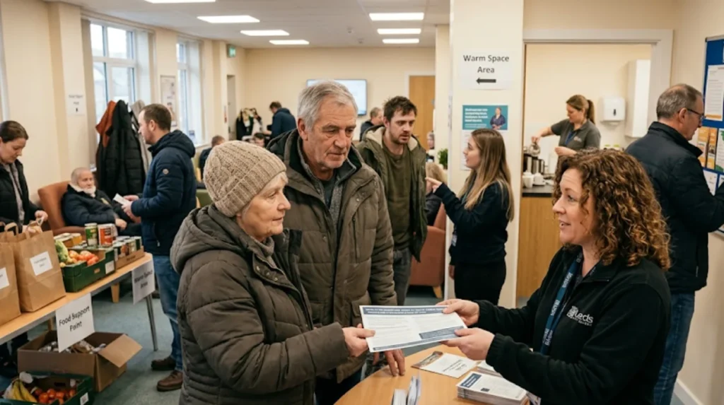 What additional support exists for people facing winter hardship beyond warm spaces