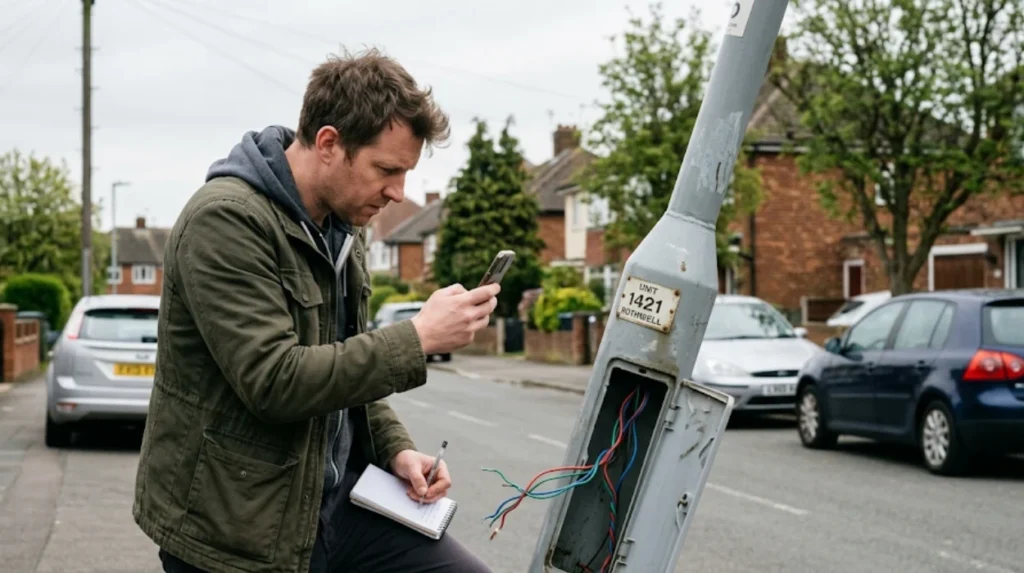 What evidence should I provide when reporting a dangerously broken street light?