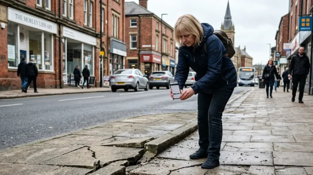 What is the official process to report a broken pavement in Morley town centre?
