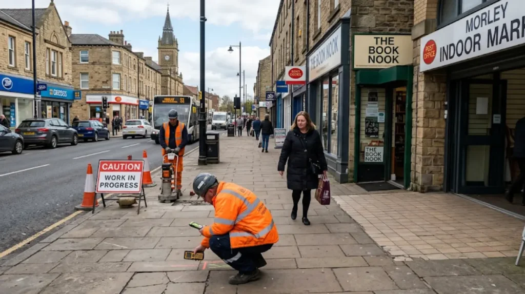 Who maintains pavements in Morley town centre besides Leeds City Council?
